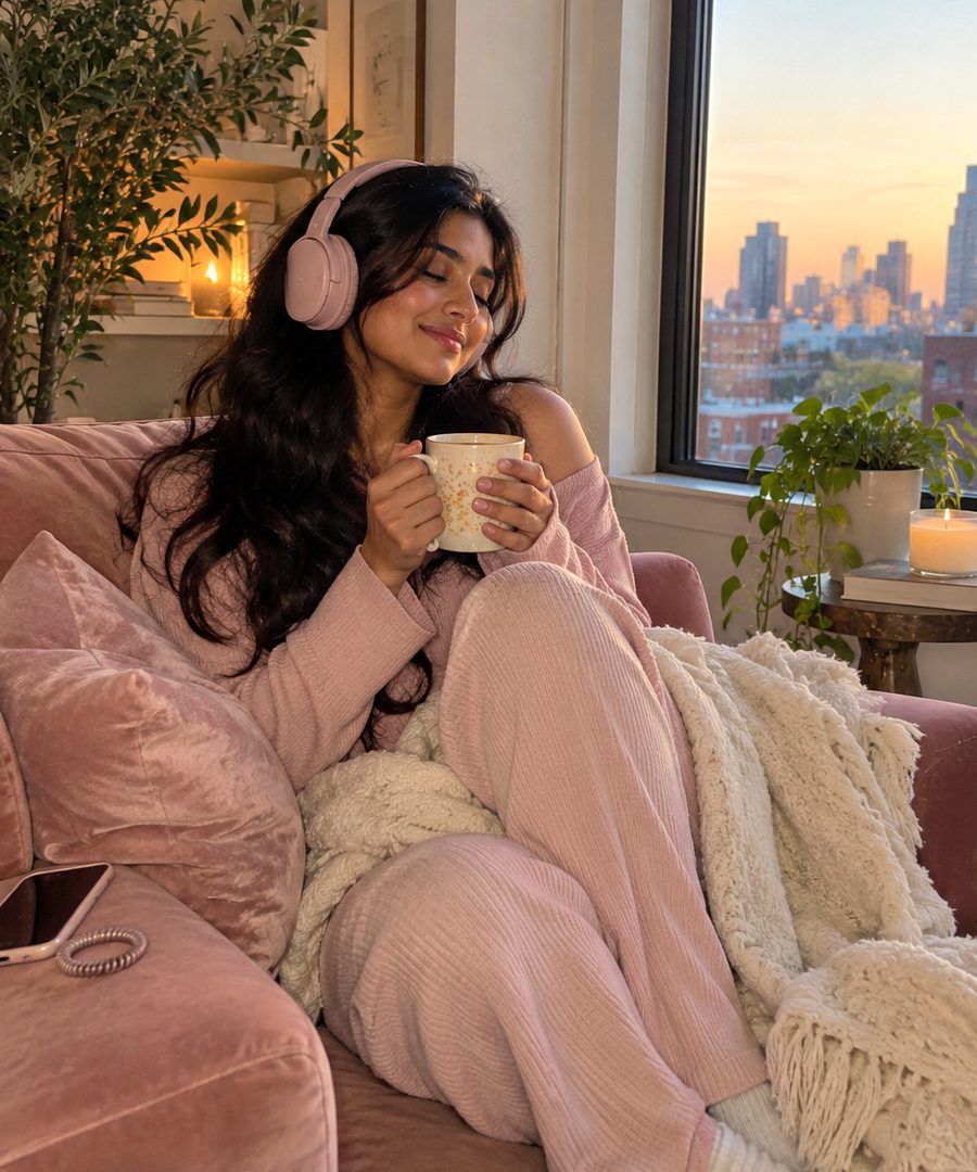 A woman in rose headphones with her eyes closed, holding a mug of tea on a pink sofa by the window