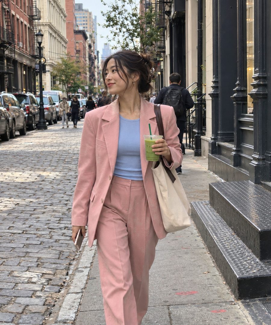 A woman in a pink suit walking through SoHo with an iced matcha and a tote bag